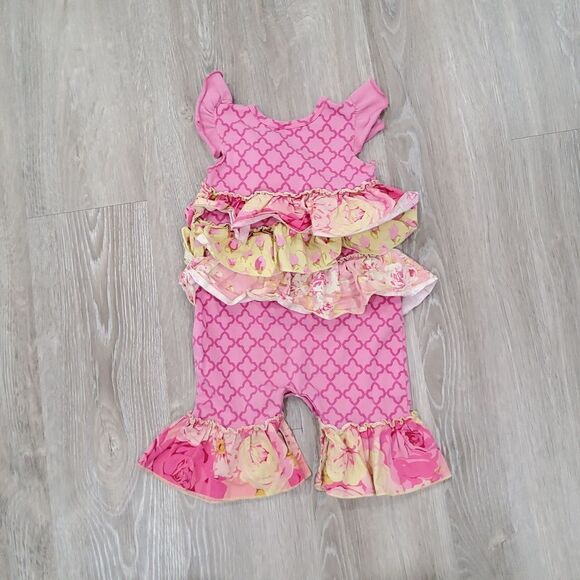GIGGLE MOON 9M Pink and Floral Ruffle Romper - Picture 2 of 4